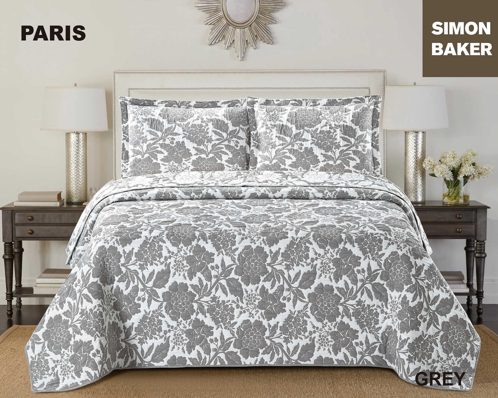 Simon Baker - Paris Jacquard Bedspread - Grey (Various Sizes)