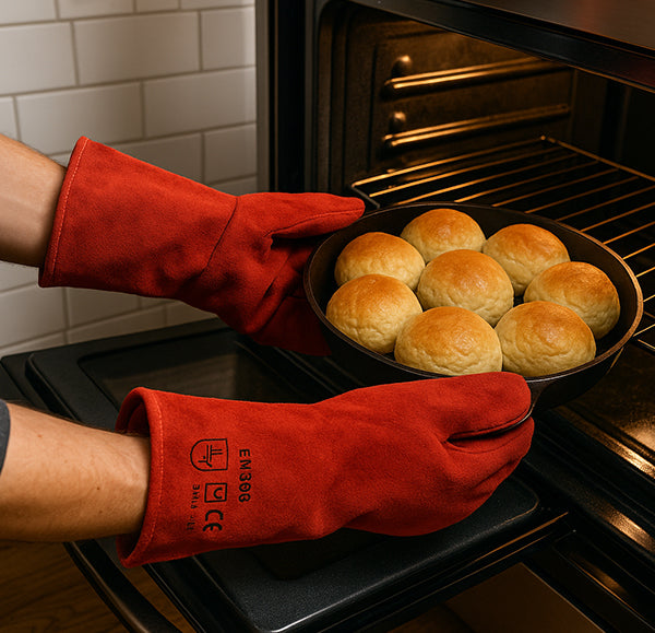 Red leather oven mitt glove pair in use at an oven