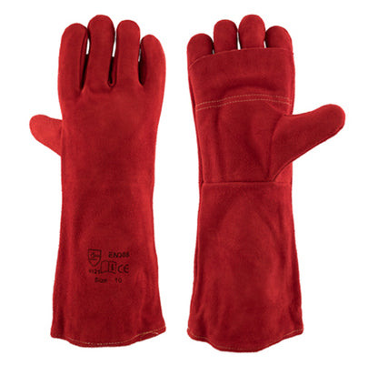 Red leather oven mitt standard glove pair on a white background