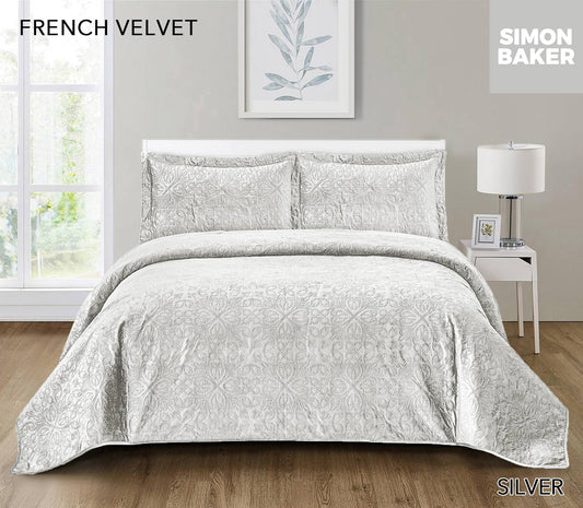 Simon Baker - French Velvet Bedspread Set - Silver (Various Sizes)