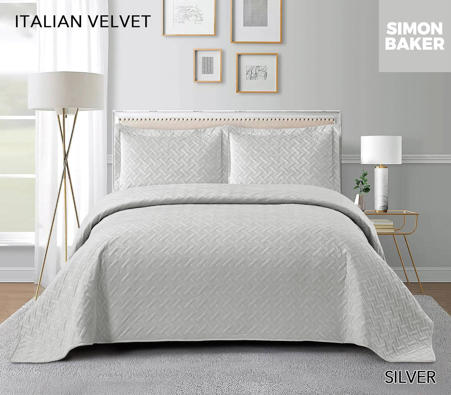 Simon Baker -  Italian Velvet Bedspread Set - Silver (Various Sizes)
