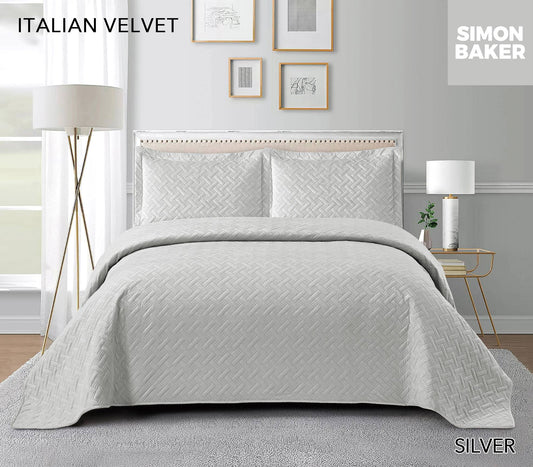 Simon Baker -  Italian Velvet Bedspread Set - Silver (Various Sizes)