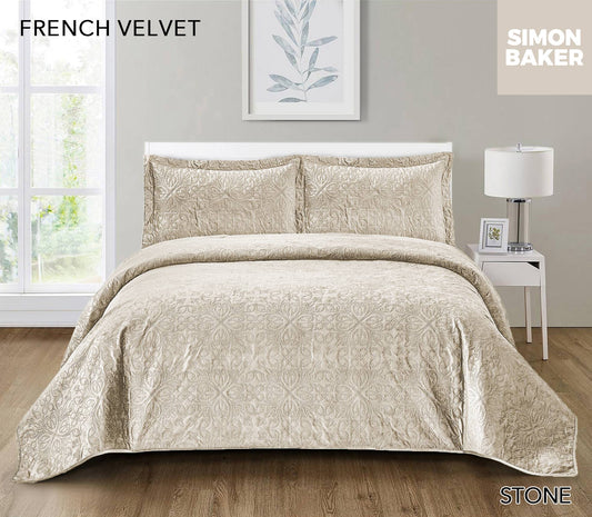 Simon Baker - French Velvet Bedspread Set - Stone (Various Sizes)