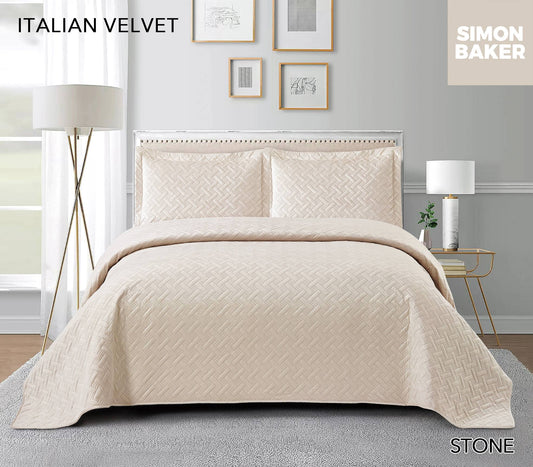 Simon Baker -  Italian Velvet Bedspread Set - Stone (Various Sizes)
