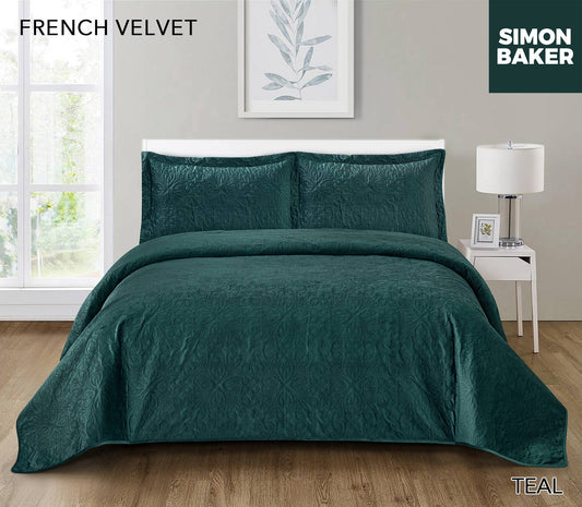Simon Baker - French Velvet Bedspread Set - Teal (Various Sizes)