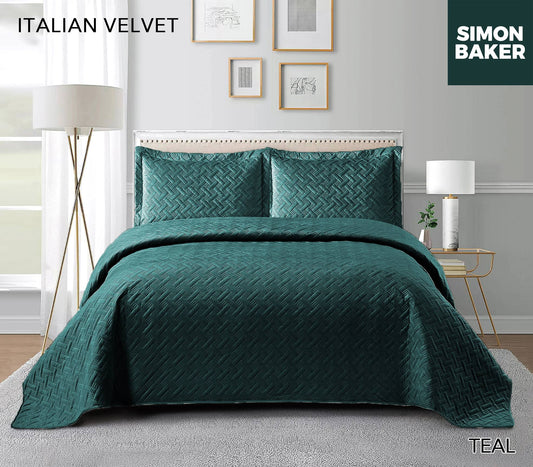Simon Baker -  Italian Velvet Bedspread Set - Teal (Various Sizes)