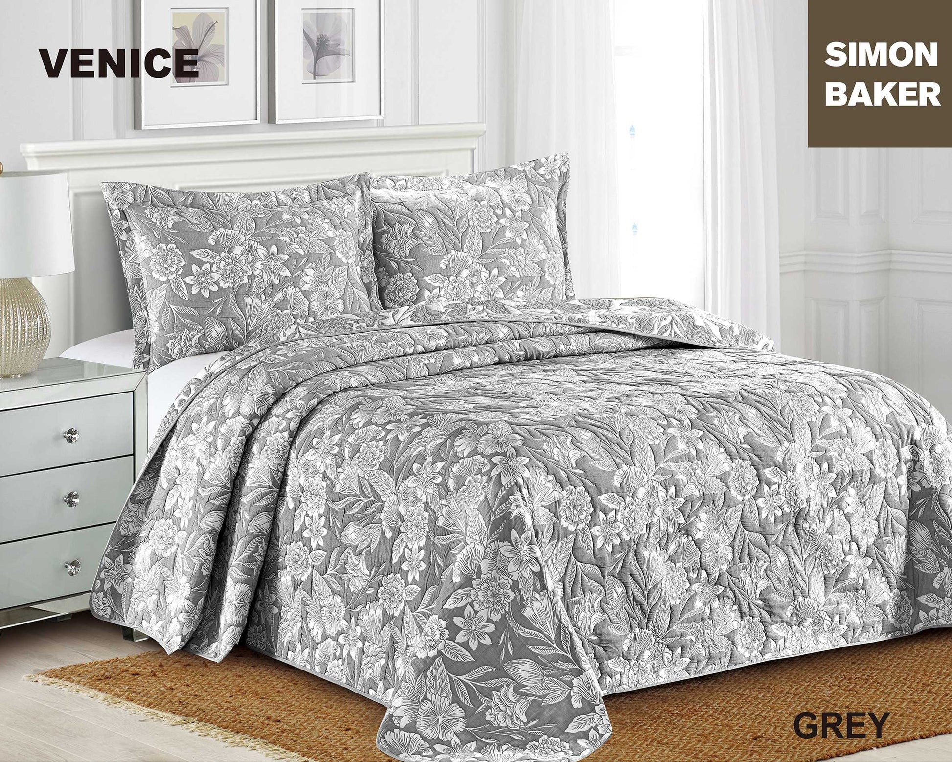 Simon Baker - Venice Jacquard Bedspread - Grey (Various Sizes)