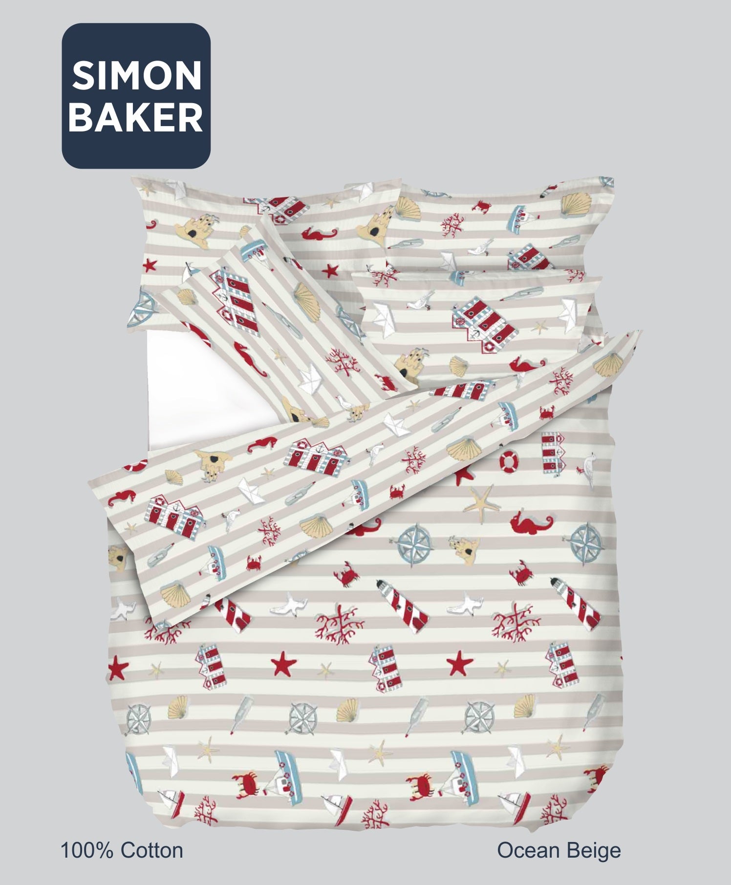 Simon Baker | Ocean Beige Cotton Printed Duvet Cover Set (Various Size)