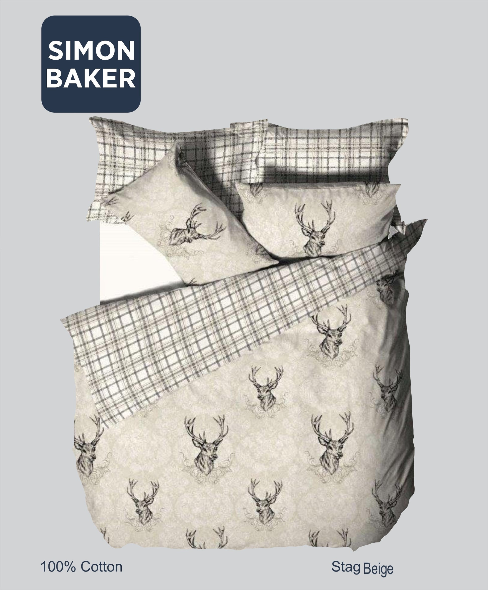 Simon Baker | Stag Beige Cotton Printed Duvet Cover Set (Various Sizes)