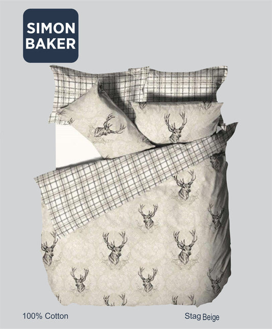 Simon Baker | Stag Beige Cotton Printed Duvet Cover Set (Various Sizes)