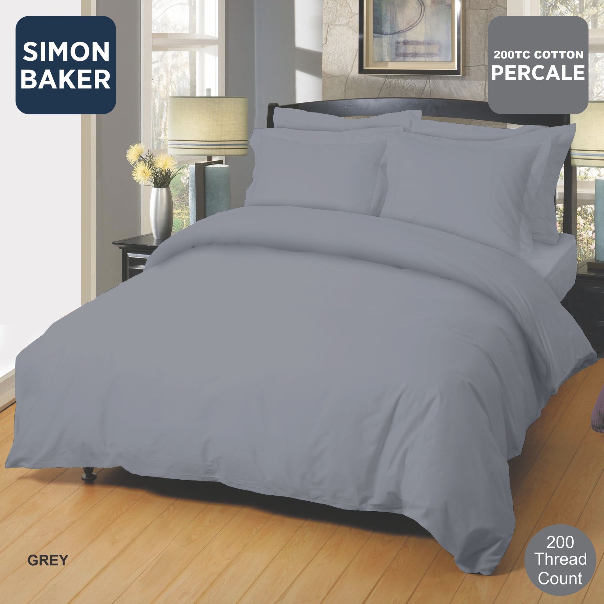 Simon Baker | Cotton Percale 200 TC Grey Oxford Duvet Covers (Various Sizes)