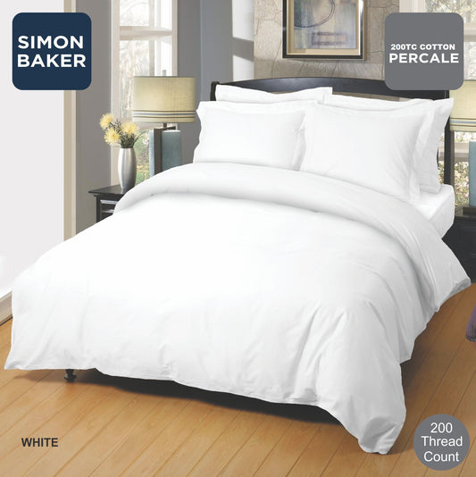 Simon Baker | Cotton Percale 200 TC White Oxford Duvet Set (Various Sizes)