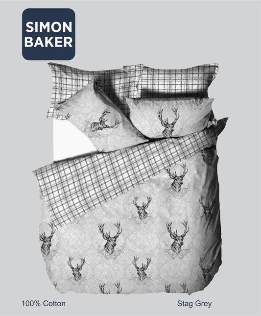 Simon Baker | Stag Grey Cotton Printed Duvet Cover Set (Various Sizes)