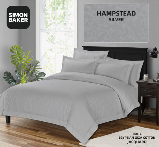 Simon Baker | 300 TC Hampstead Egyptian Giza Cotton Luxury Jacquard Duvet Cover Set -  Silver (Various Sizes)