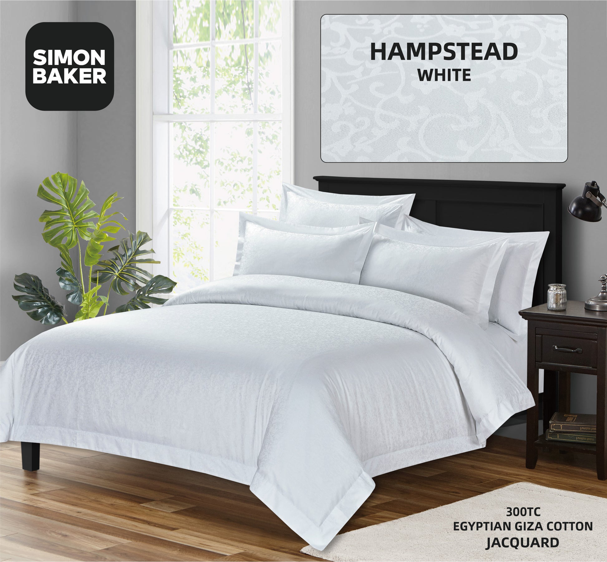 Simon Baker | 300 TC Hampstead Egyptian Giza Cotton Luxury Jacquard Duvet Cover Set -  White (Various Sizes)