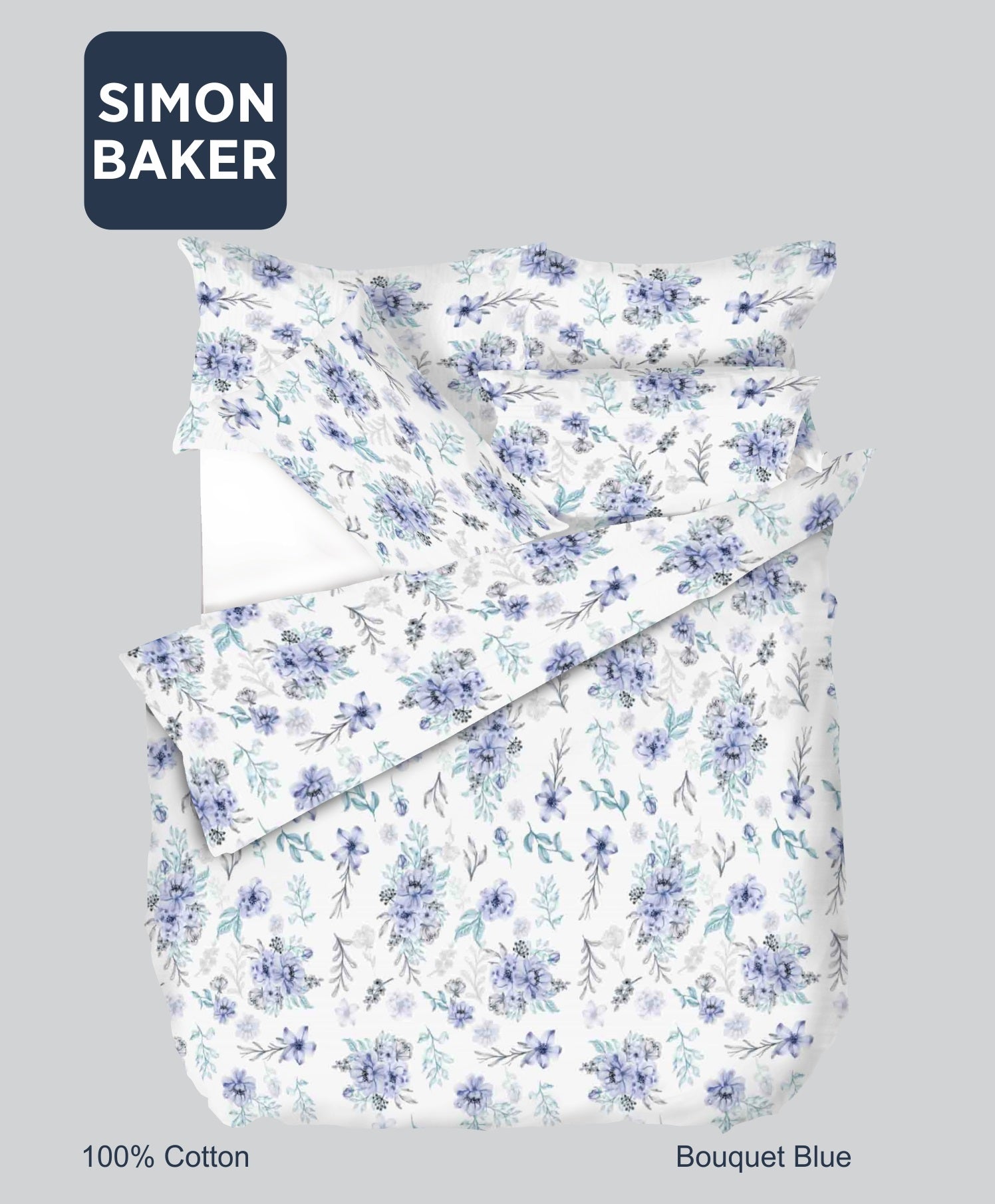 Simon Baker | Bouquet Blue Cotton Printed Duvet Cover Set (Various Sizes)
