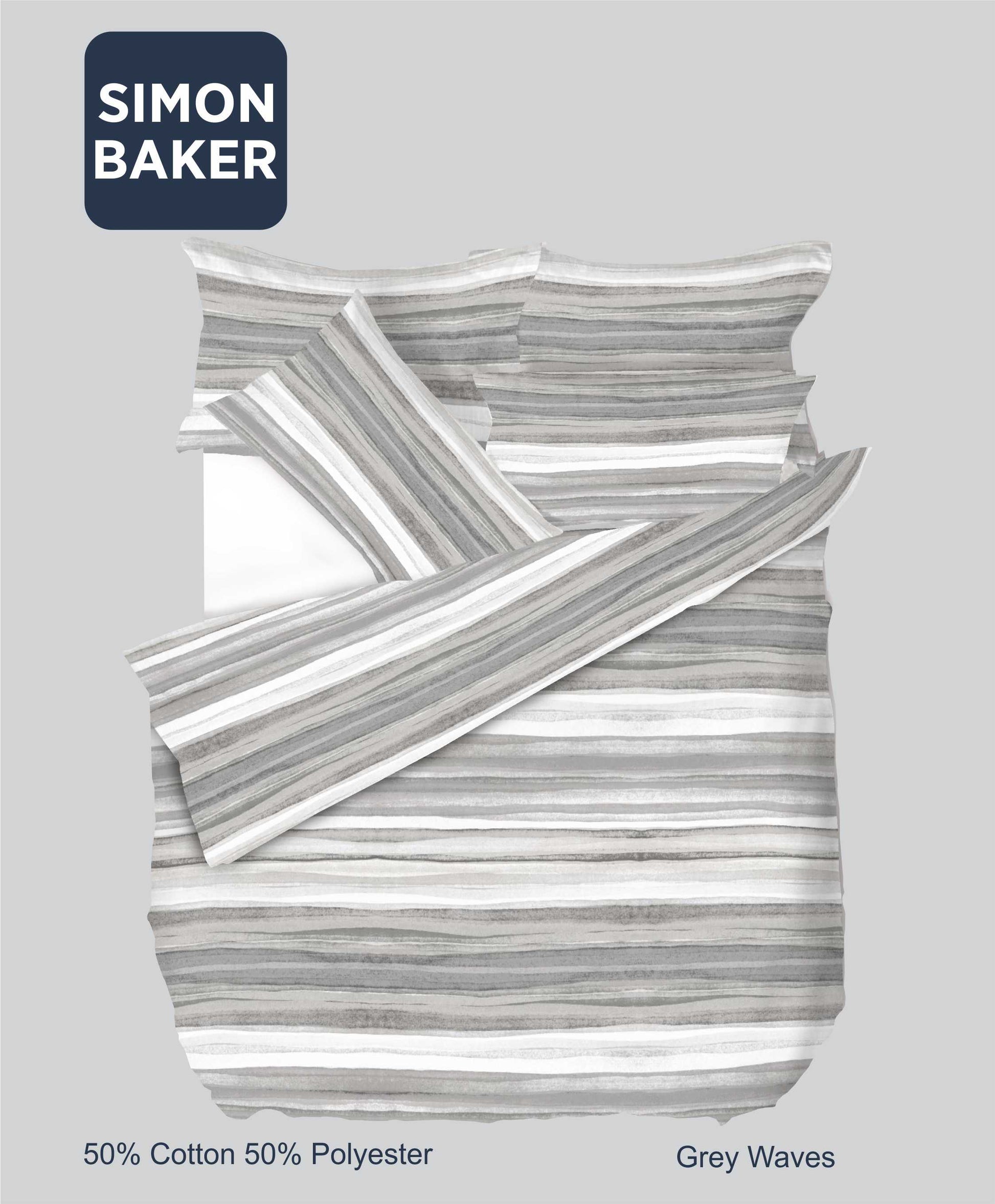 Simon Baker | Printed Poly/Cotton Duvet Cover Set - Waves Grey (Various Sizes)