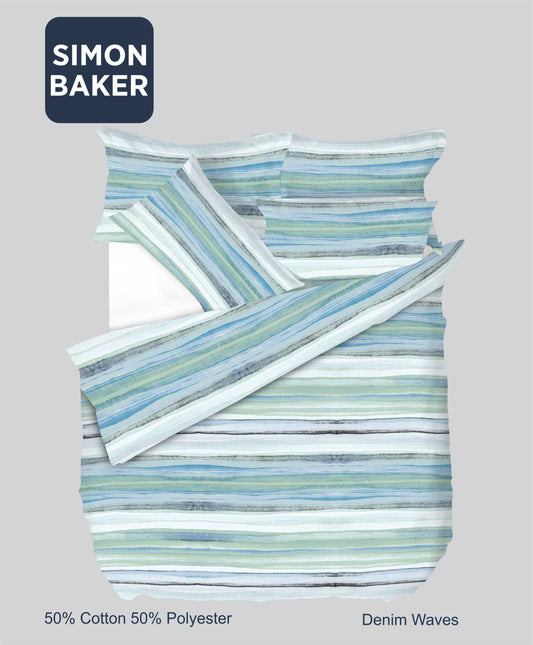 Simon Baker | Printed Poly/Cotton Duvet Cover Set - Waves Denim (Various Sizes)