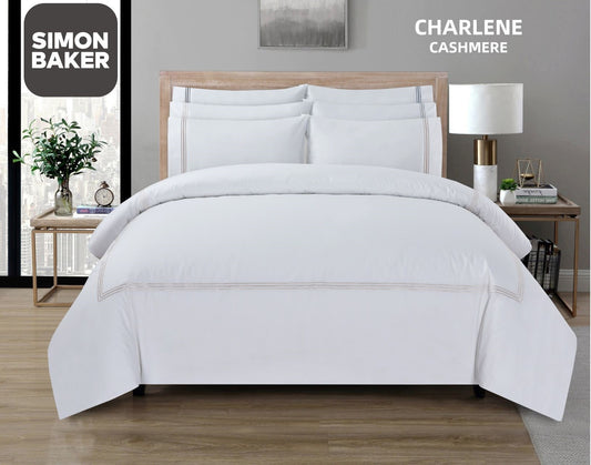 Simon Baker | T200 Cotton Percale Embroidered Duvet Cover Set - Charlene Cashmere (Various Sizes)