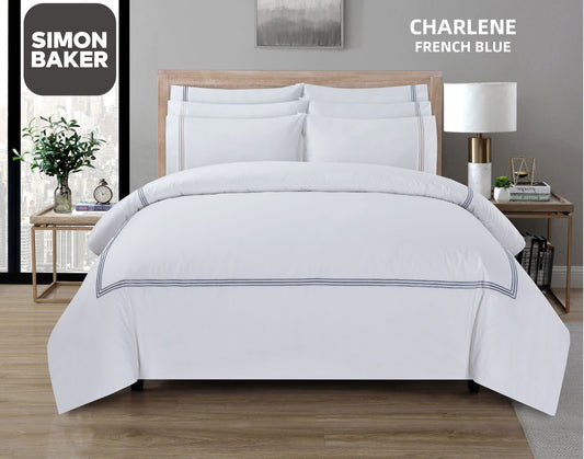 Simon Baker | T200 Cotton Percale Embroidered Duvet Cover Set - Charlene French Blue (Various Sizes)