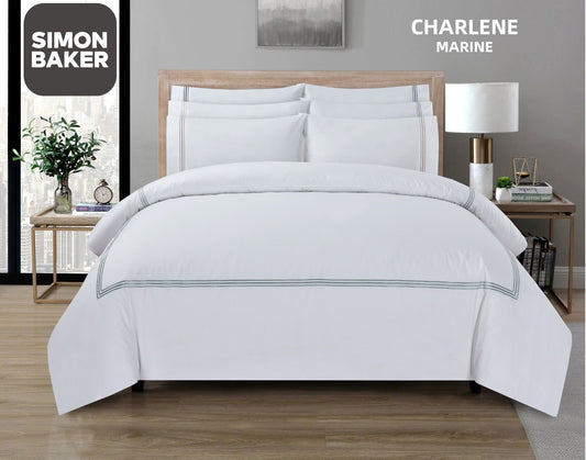 Simon Baker | T200 Cotton Percale Embroidered Duvet Cover Set - Charlene Marine (Various Sizes)
