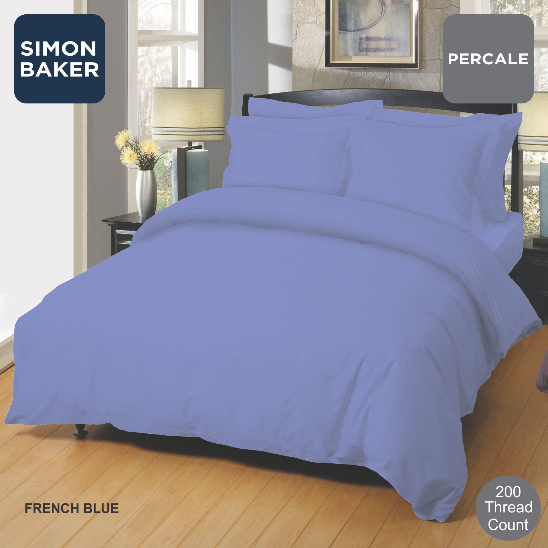 Simon Baker | 200 Thread Count Poly 50/Cotton 50 Percale - French Blue Flat Sheet XL (Various Sizes