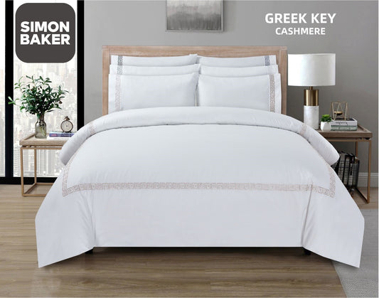 Simon Baker | T200 Cotton Percale Embroidered Duvet Cover Set - Greek Key Cashmere (Various Sizes)