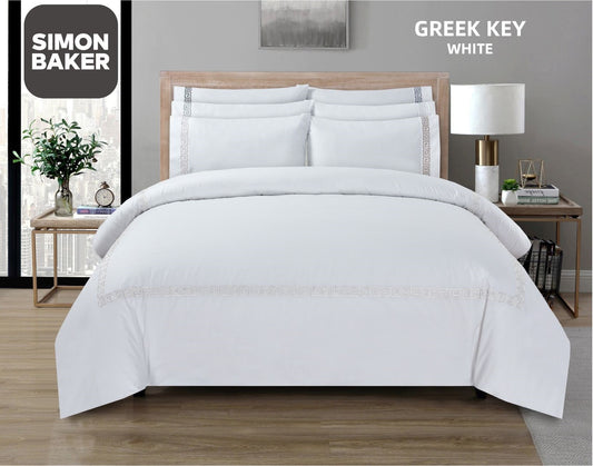 Simon Baker | T200 Cotton Percale Embroidered Duvet Cover Set - Greek Key White (Various Sizes)