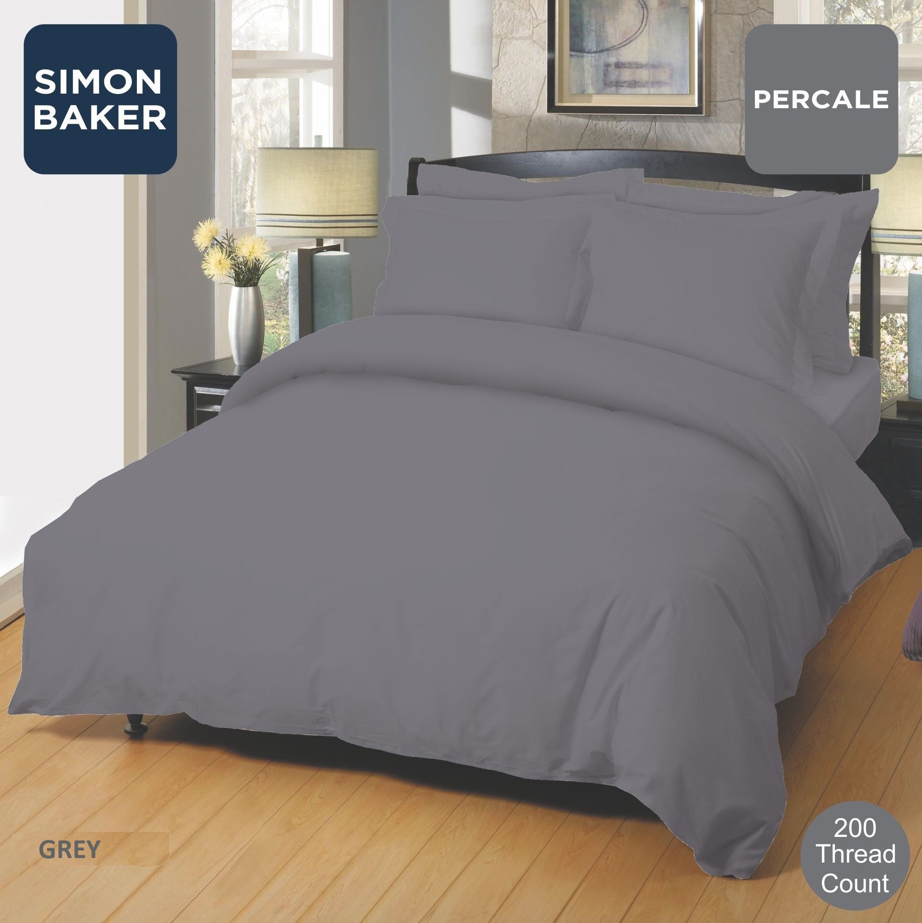 Simon Baker | 200 Thread Count Poly 50/Cotton 50 Percale - Grey Duvet Cover (Various Sizes) 