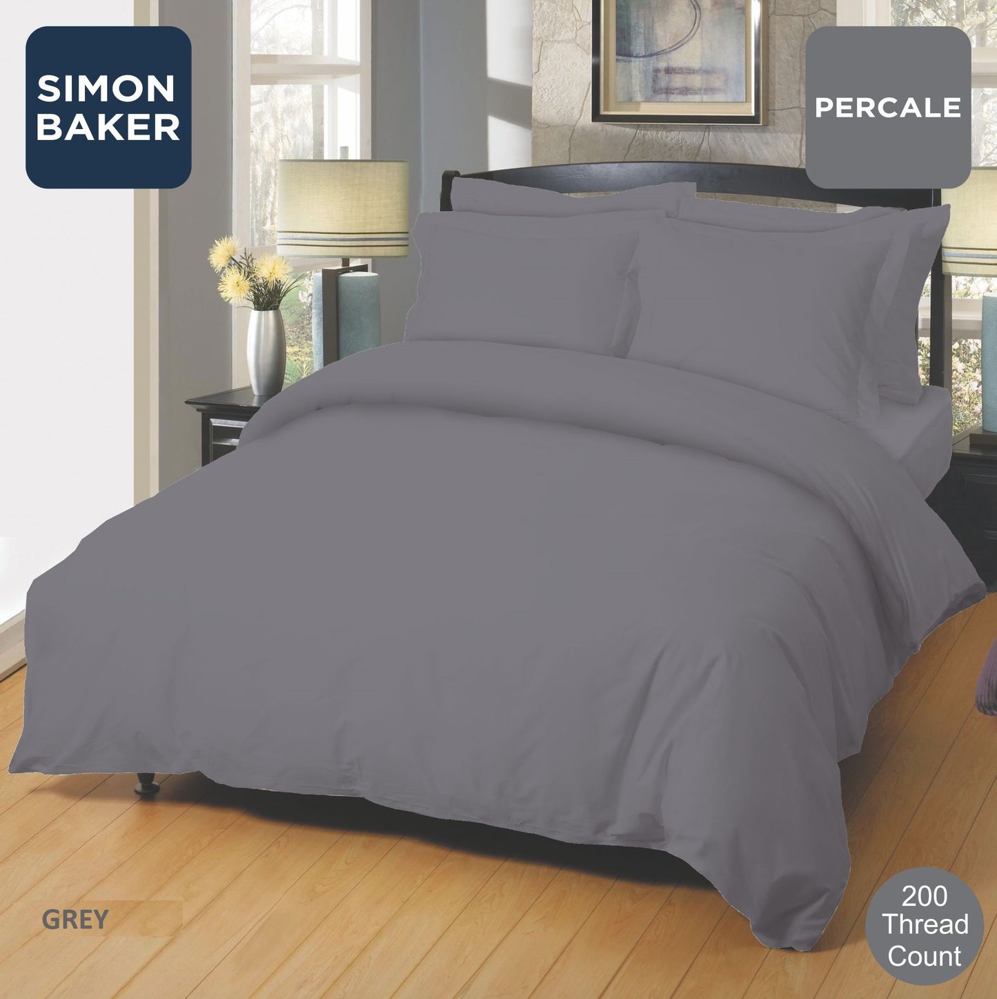 Simon Baker | 200 Thread Count Poly 50/Cotton 50 Percale - Grey Fitted Sheets Standard &  XL (Various Sizes)
