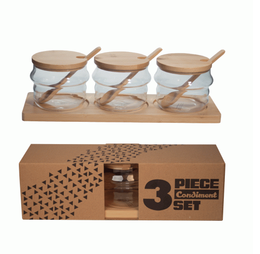 3PC CONDIMENT SET W/WOODEN SPOON & TRAY
