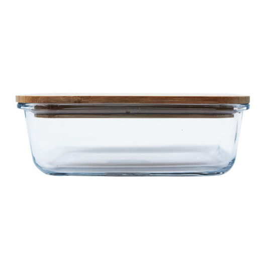 Rectangular Glass Lunch Box With Wooden Lid 1L