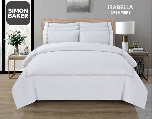 Simon Baker | T200 Cotton Percale Embroidered Duvet Cover Set - Isabella Cashmere (Various Sizes)