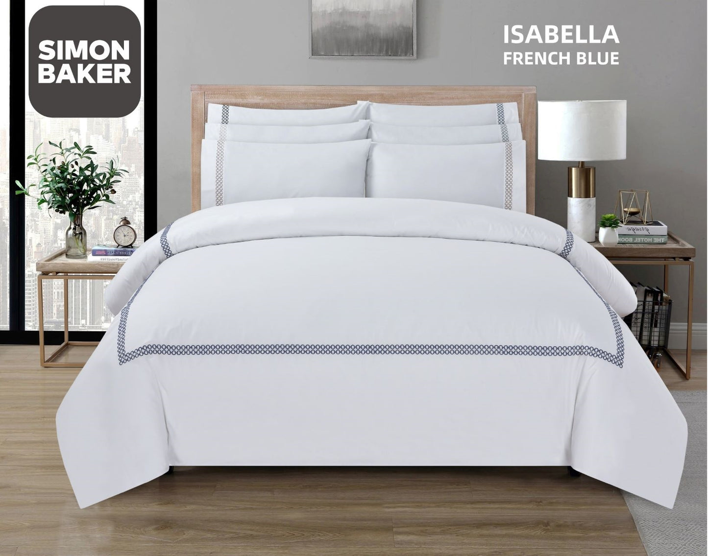 Simon Baker | T200 Cotton Percale Embroidered Duvet Cover Set - Isabella French Blue (Various Sizes)