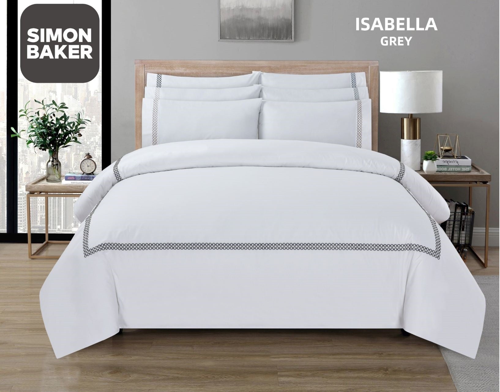 Simon Baker | T200 Cotton Percale Embroidered Duvet Cover Set - Isabella Grey (Various Sizes)