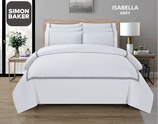 Simon Baker | T200 Cotton Percale Embroidered Duvet Cover Set - Isabella Grey (Various Sizes)