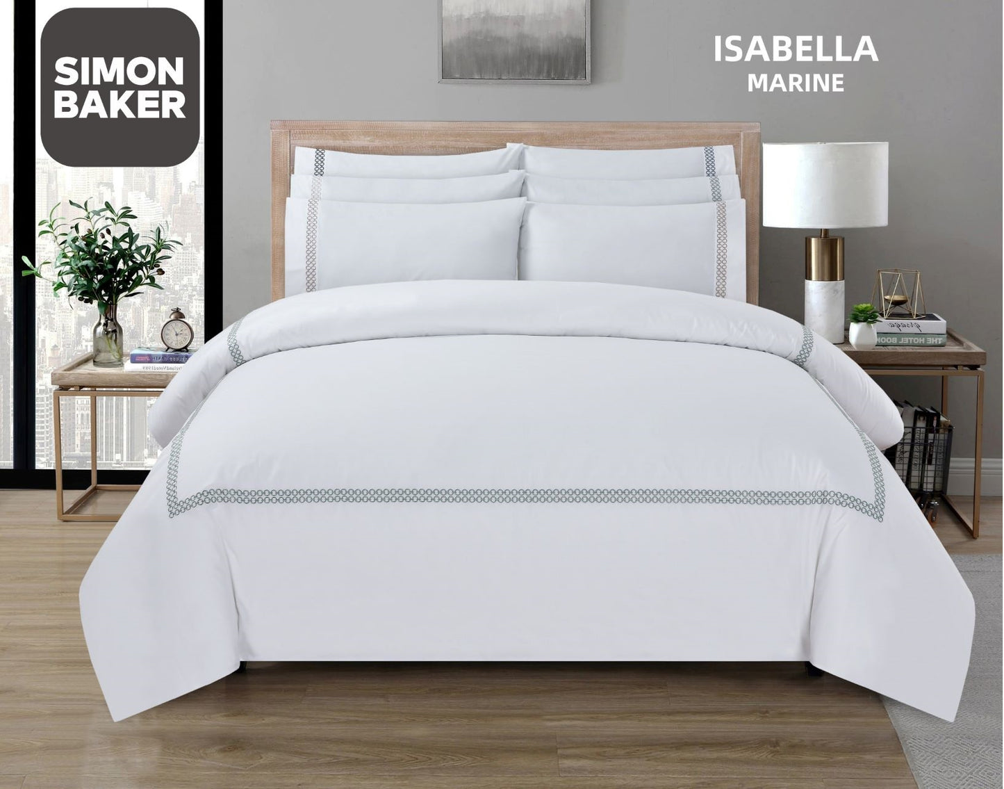 Simon Baker | T200 Cotton Percale Embroidered Duvet Cover Set - Isabella Marine (Various Sizes)