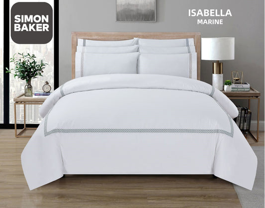 Simon Baker | T200 Cotton Percale Embroidered Duvet Cover Set - Isabella Marine (Various Sizes)