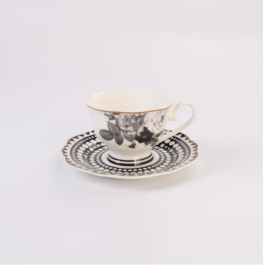 JENNA CLIFFORD - Black Rose Cup & Saucer Set of 4 in Gift Box