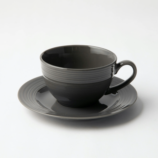 JENNA CLIFFORD - Embossed Lines Cup & Saucer - Dark Grey (Set of 4)