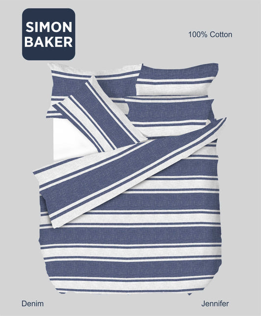 Simon Baker | Jennifer Printed 100% Cotton DUVET COVER SETS - Denim (Various Sizes)
