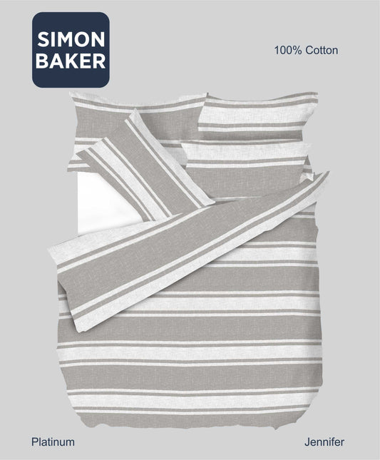 Simon Baker | Jennifer Printed 100% Cotton DUVET COVER SETS - Platinum (Various Sizes)