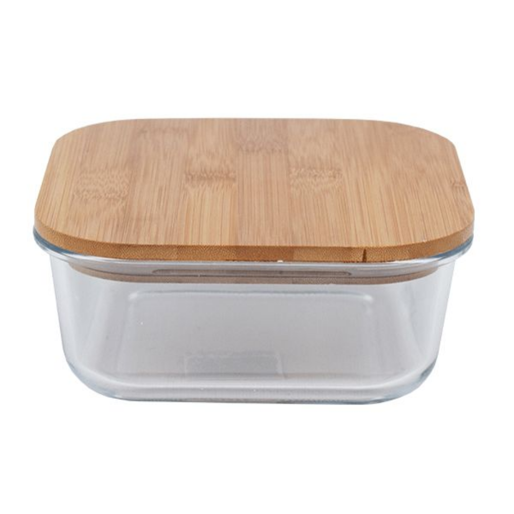 Square Glass Lunch Box Wooden Lid 18X7CM