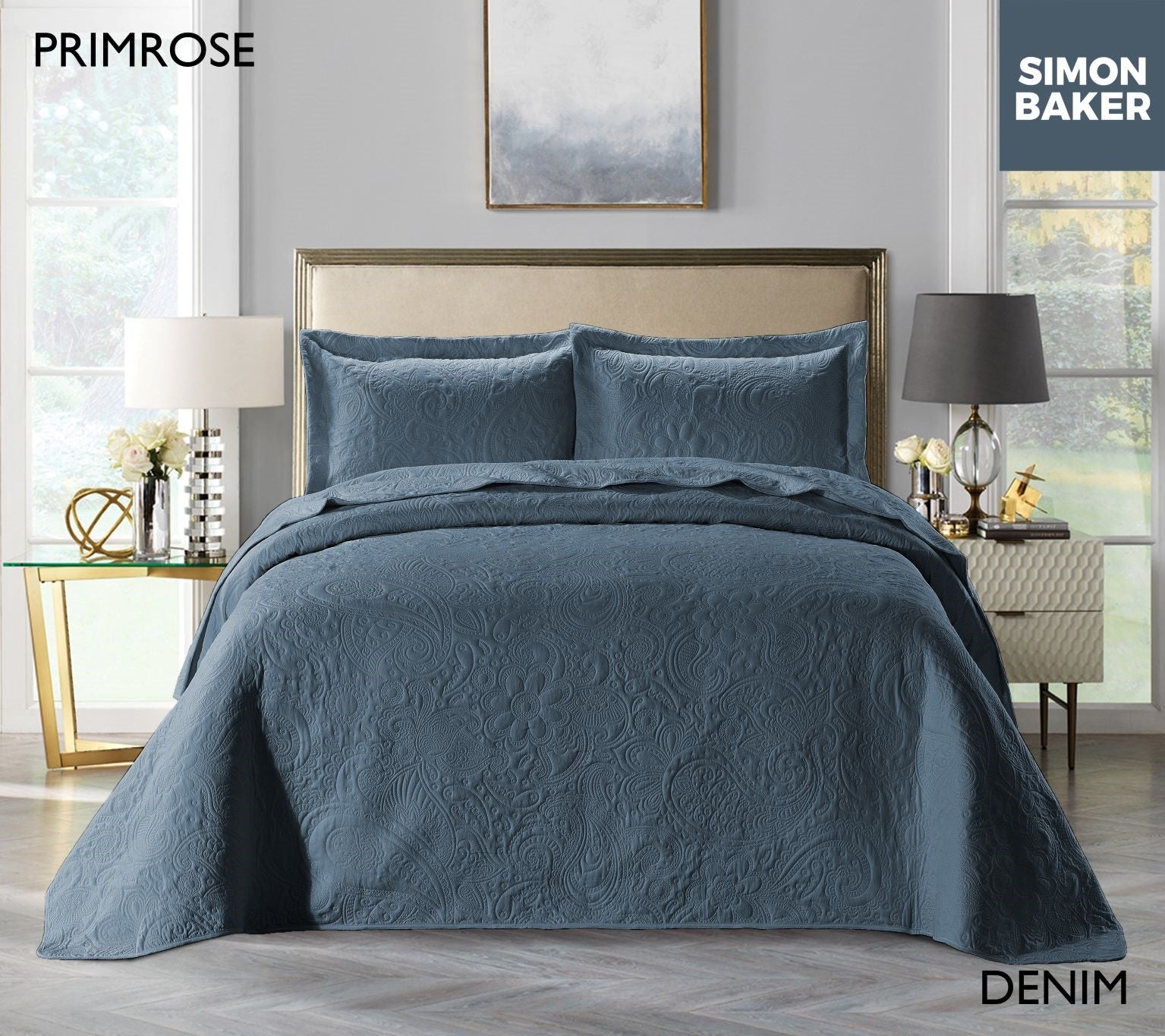 Simon Baker | Primrose Quilted Bedspread Denim (Various Sizes)