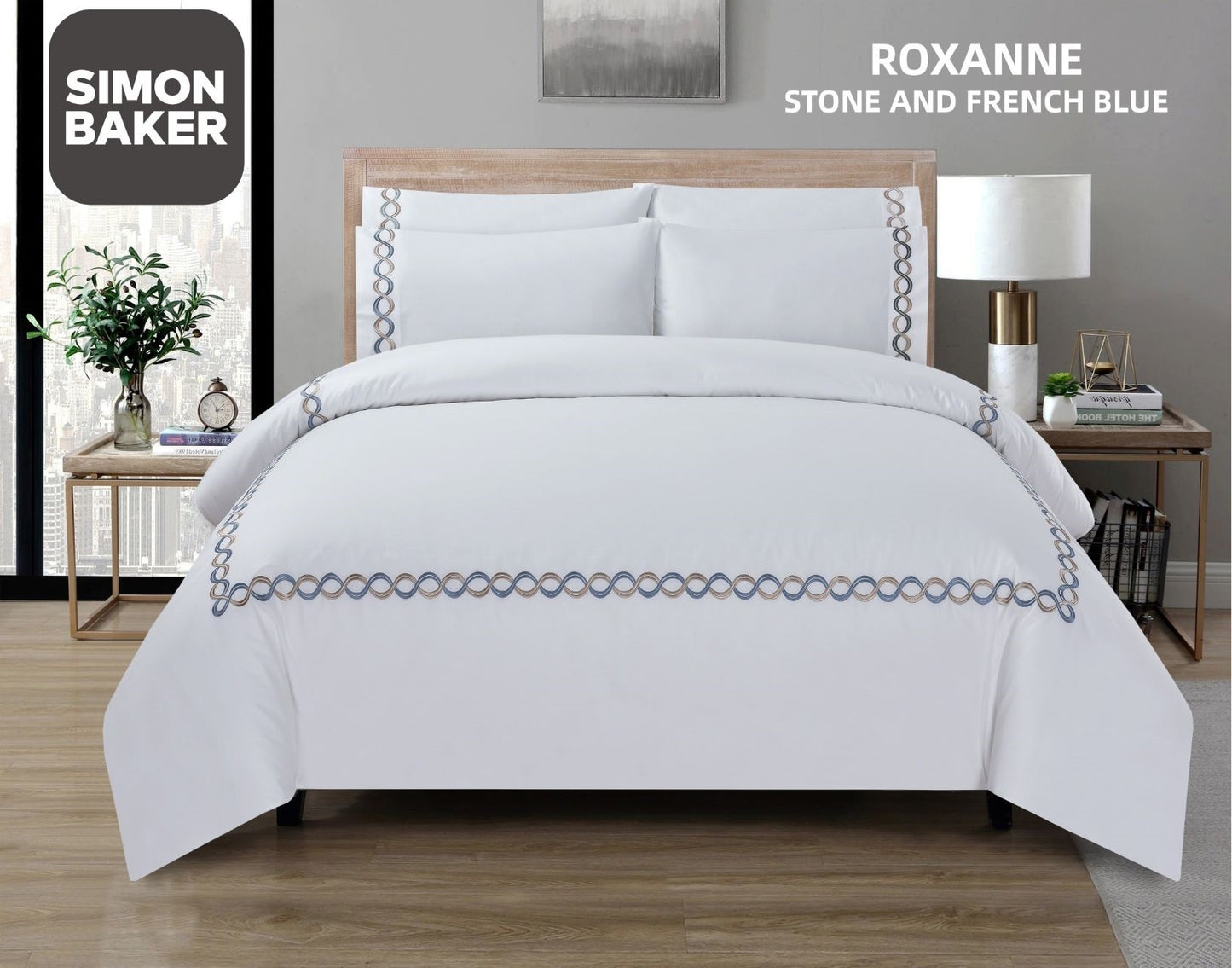 Simon Baker | T200 Cotton Percale Embroidered Duvet Cover Set - Roxanne French Blue/Stone (Various Sizes)