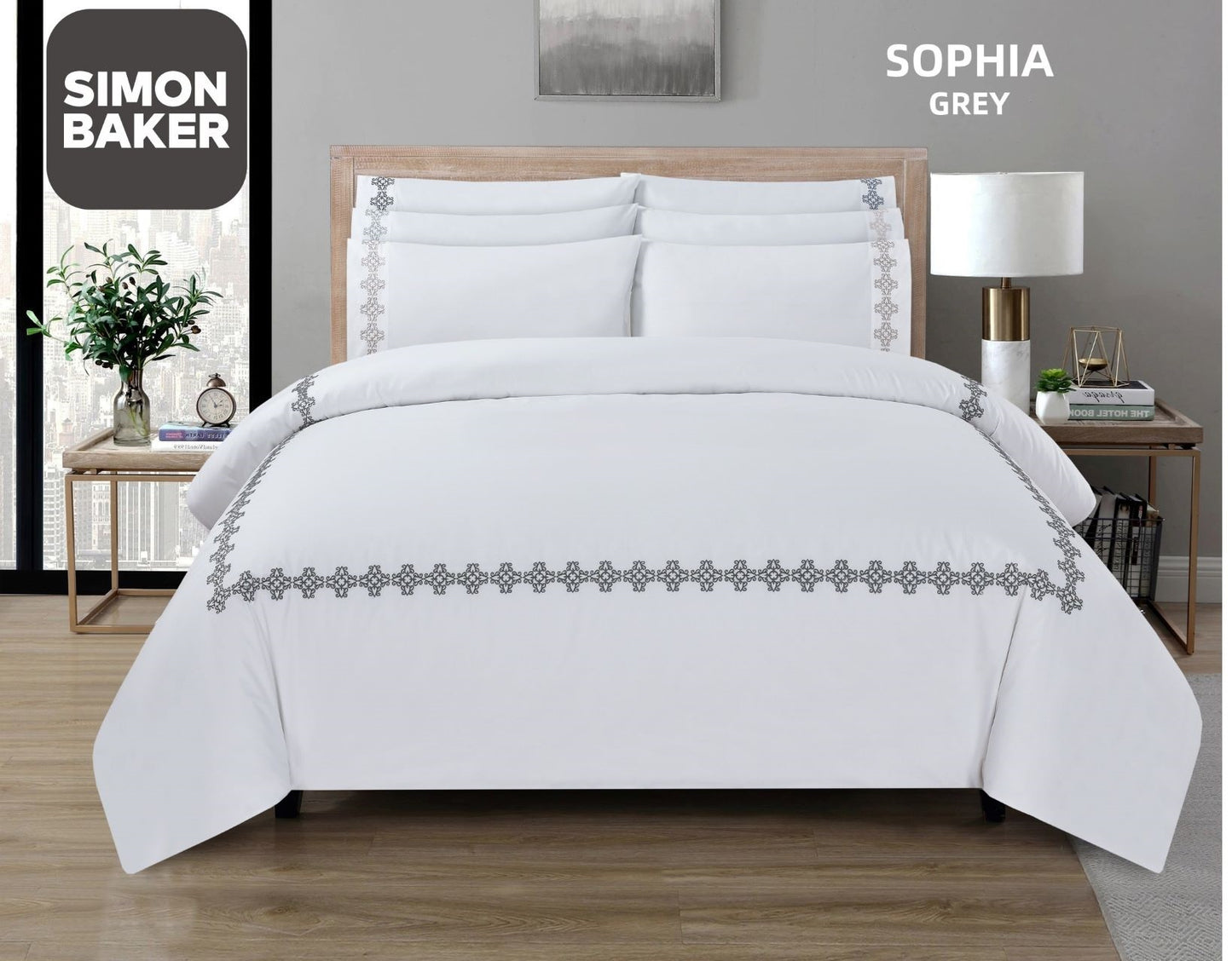 Simon Baker | T200 Cotton Percale Embroidered Duvet Cover Set - Sophia Grey (Various Sizes)