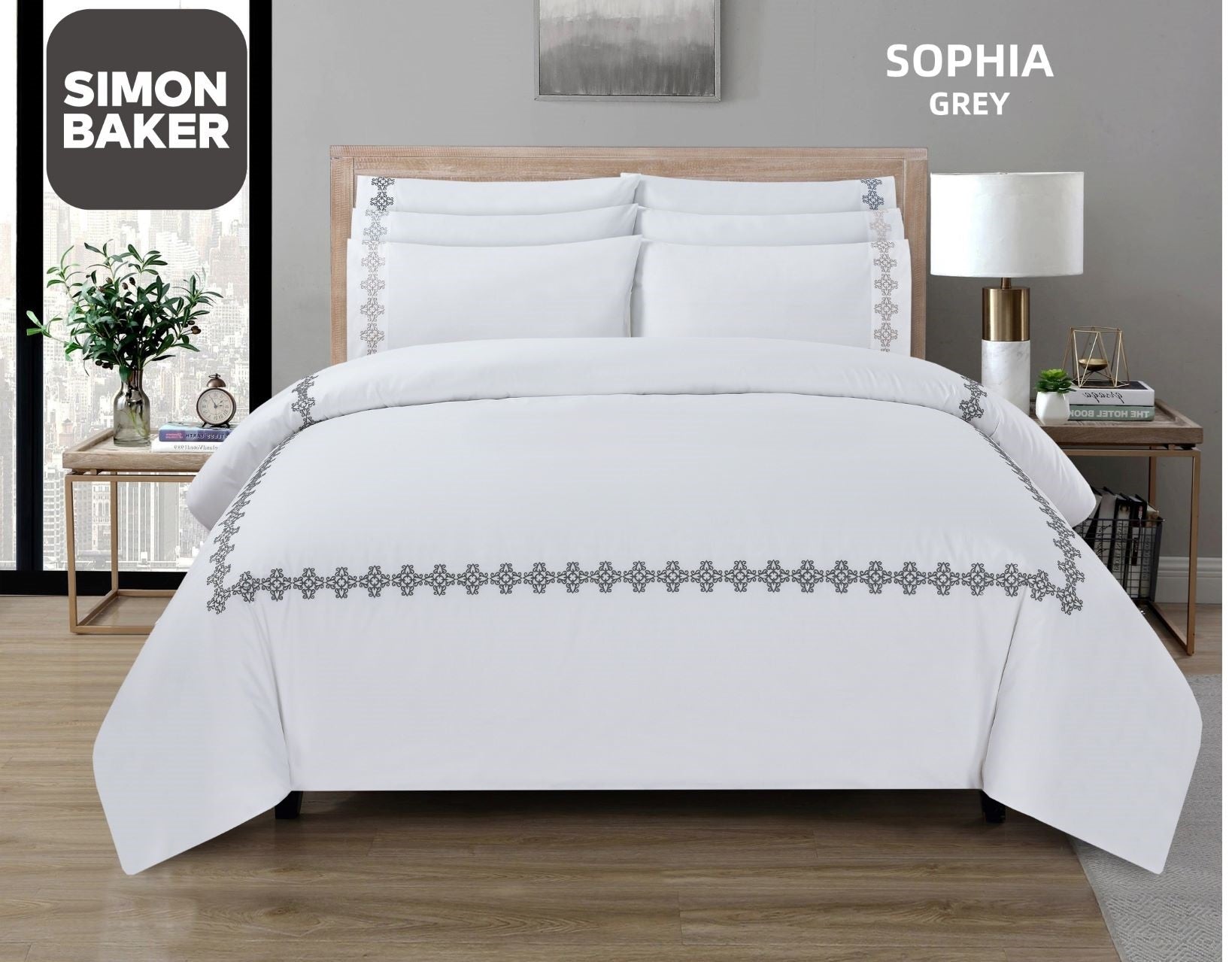 Simon Baker | T200 Cotton Percale Embroidered Duvet Cover Set - Sophia Grey (Various Sizes)