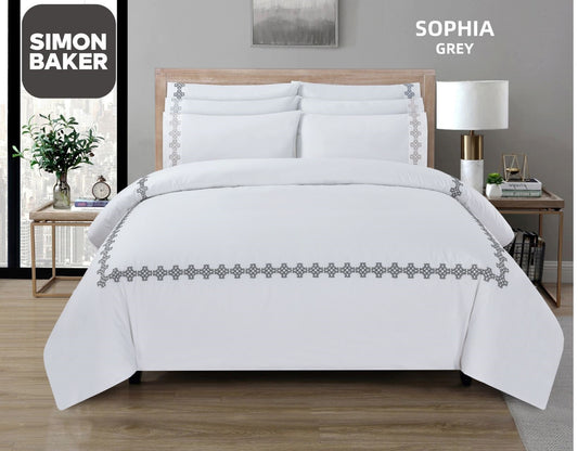 Simon Baker | T200 Cotton Percale Embroidered Duvet Cover Set - Sophia Grey (Various Sizes)