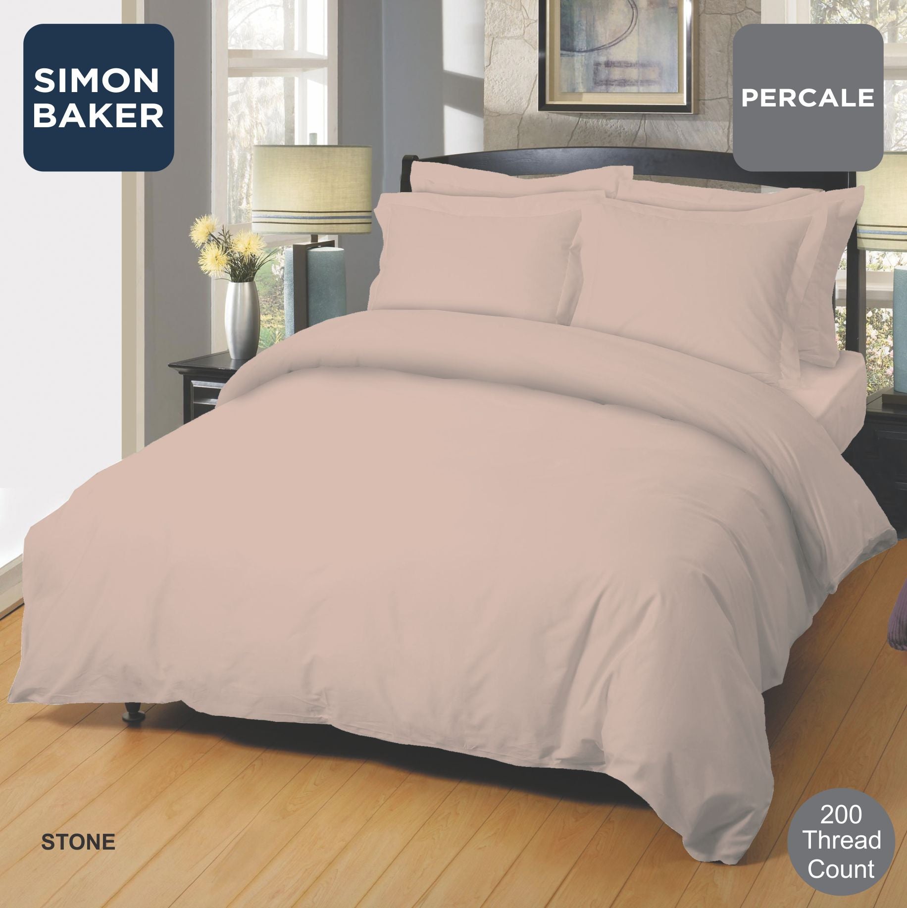 Simon Baker | 200 Thread Count Poly 50/Cotton 50 Percale - Stone Flat Sheet XL (Various Sizes)