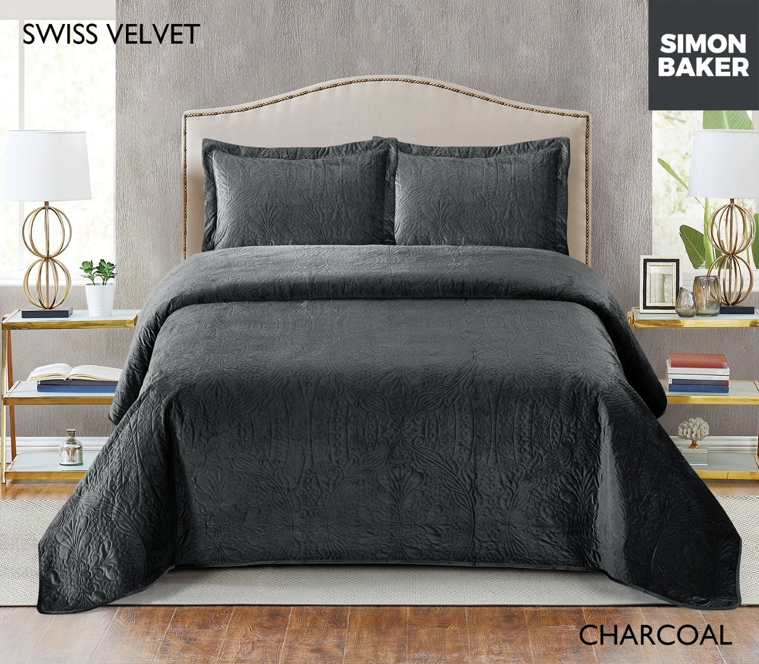 Simon Baker | Swiss Velvet Bedspread - Charcoal (Various Sizes)